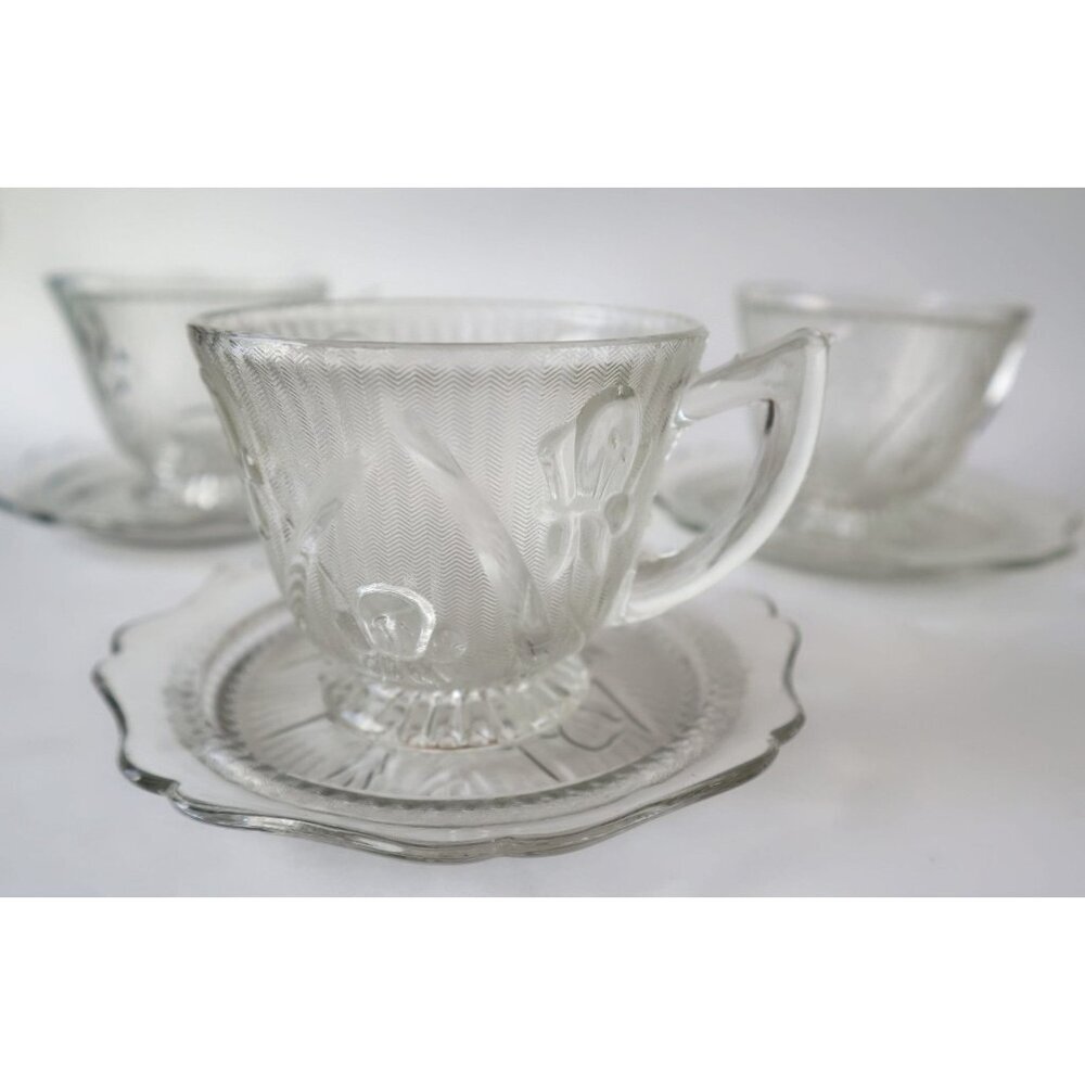 3 Depression Glass Iris And Herringbone Cups And Saucers Jeanette 1930s